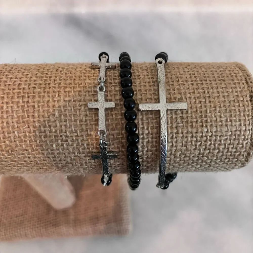 Lot Of 3 Francesca's Collections Beaded Silver-tone Cross Bracelet Set Black OS